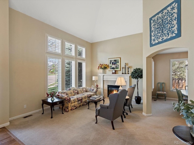 5700 S Benton Cir, Littleton, CO 80123 - living room with a high ceiling, arched walkways, carpet, baseboards, and a glass covered fireplace