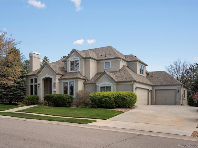 5700 S Benton Cir, Littleton, CO 80123 - view of front of house with stucco siding, an attached garage, a chimney, a front yard, and concrete driveway