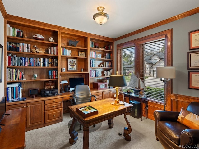 5700 S Benton Cir, Littleton, CO 80123 - office area featuring ornamental molding, a wainscoted wall, and light carpet