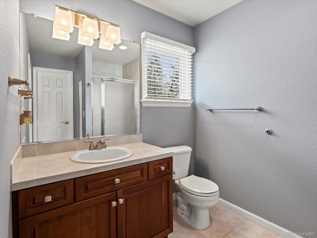 5700 S Benton Cir, Littleton, CO 80123 - full bathroom with a stall shower, vanity, tile patterned floors, toilet, and baseboards