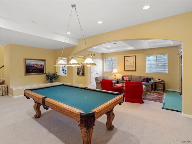 5700 S Benton Cir, Littleton, CO 80123 - recreation room with carpet flooring, arched walkways, baseboards, recessed lighting, and healthy amount of natural light