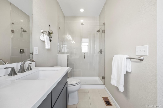 bathroom with tile patterned flooring, vanity, visible vents, toilet, and a shower stall
