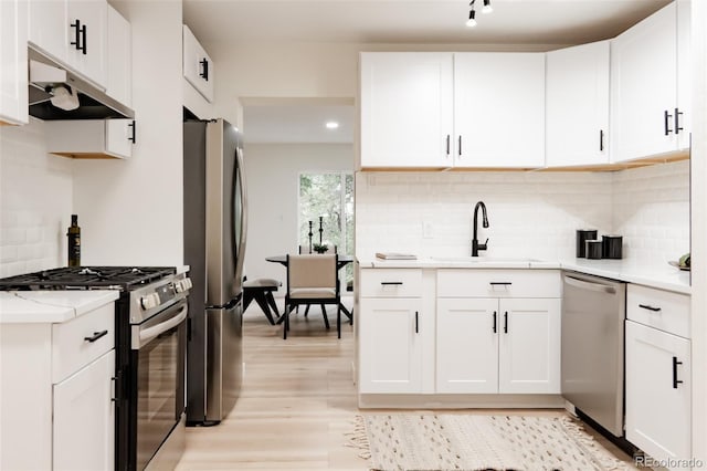 1361 W Custer Pl, Denver, CO 80223 - kitchen with appliances with stainless steel finishes, under cabinet range hood, light wood finished floors, and decorative backsplash