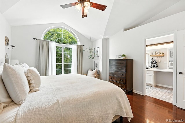1325 W 112th Ave Unit B, Westminster, CO 80234 - bedroom featuring lofted ceiling, dark wood-style flooring, connected bathroom, and ceiling fan