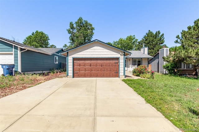 3735 S Lewiston St, Aurora, CO 80013 - ranch-style house featuring a front lawn, an attached garage, and a chimney