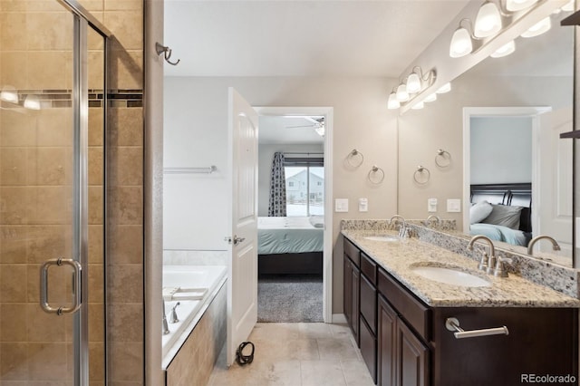 bathroom with vanity, plus walk in shower, tile patterned flooring, and ceiling fan