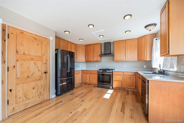 6833 E 115th Ave, Thornton, CO 80233 - kitchen with stainless steel appliances, wall chimney exhaust hood, light wood-type flooring, light countertops, and recessed lighting