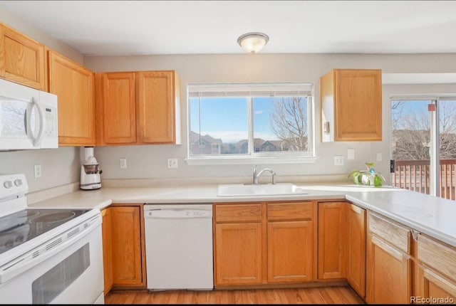 kitchen with white appliances, light hardwood / wood-style floors, and sink