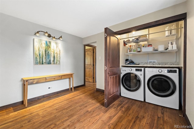 10380 W Warren Ave, Lakewood, CO 80227 - laundry area featuring dark wood-style floors and washing machine and dryer