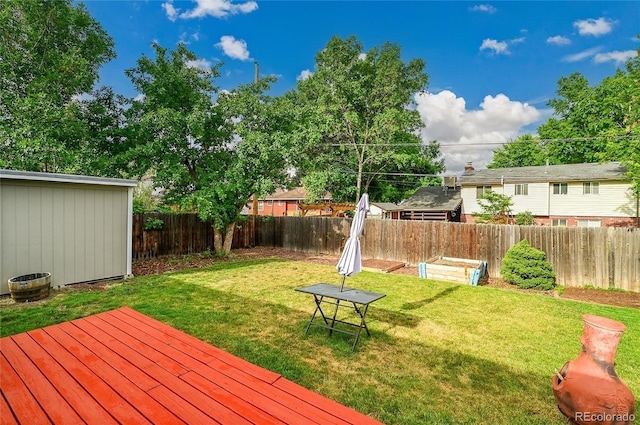 1030 Kohl St, Broomfield, CO 80020 - fenced backyard featuring a wooden deck and a shed