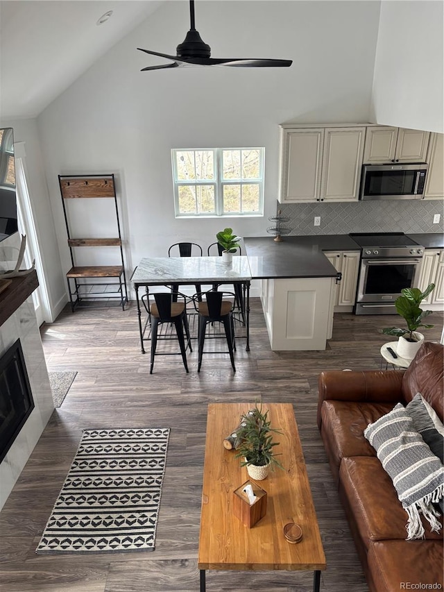 47 Lumberjack Rd, Fairplay, CO 80440 - living room with a ceiling fan, high vaulted ceiling, dark wood-type flooring, and a fireplace