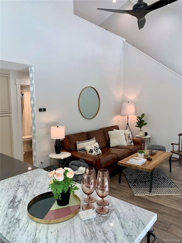 47 Lumberjack Rd, Fairplay, CO 80440 - living area featuring a ceiling fan, wood finished floors, and a towering ceiling