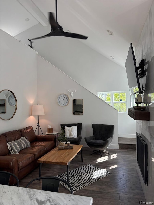 47 Lumberjack Rd, Fairplay, CO 80440 - living room with wood-type flooring, high vaulted ceiling, baseboards, ceiling fan, and beamed ceiling