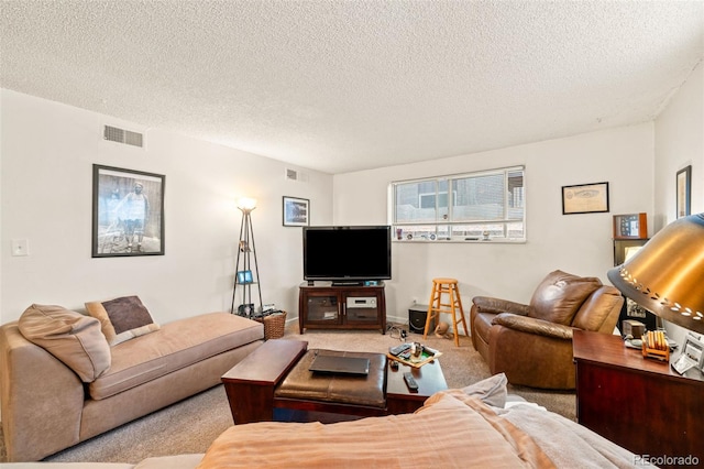 living room featuring light colored carpet and a textured ceiling