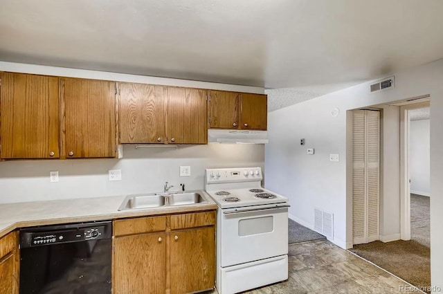 141 Mcclure Ave, Firestone, CO 80520 - kitchen with dishwasher, white electric range, under cabinet range hood, a sink, and light countertops