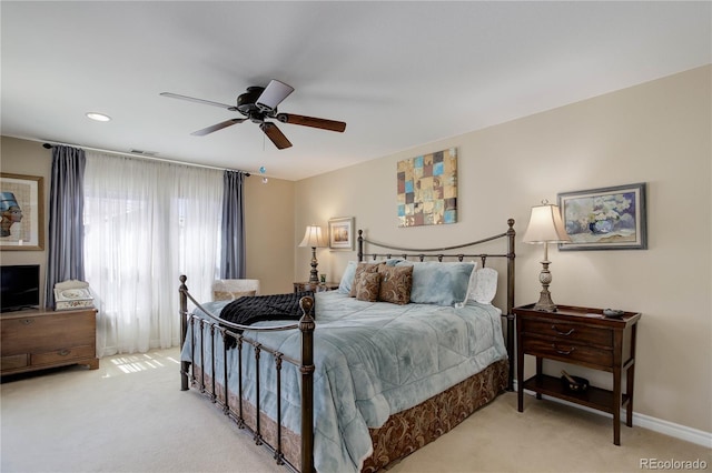 9546 Firenze Way, Highlands Ranch, CO 80126 - bedroom with light carpet, ceiling fan, baseboards, and recessed lighting