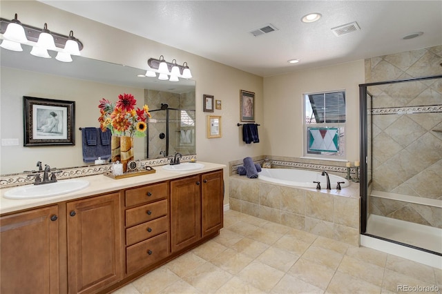 9546 Firenze Way, Highlands Ranch, CO 80126 - bathroom featuring a stall shower, a garden tub, double vanity, tile patterned floors, and recessed lighting