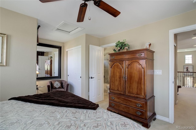 9546 Firenze Way, Highlands Ranch, CO 80126 - bedroom featuring attic access, a closet, light carpet, a ceiling fan, and ensuite bath