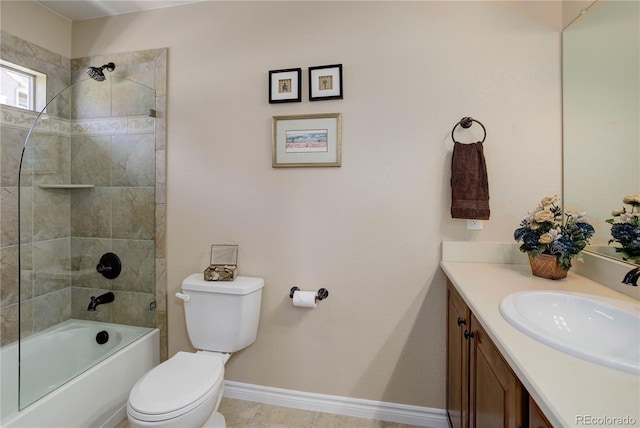 9546 Firenze Way, Highlands Ranch, CO 80126 - bathroom with vanity, toilet, bathtub / shower combination, baseboards, and tile patterned flooring