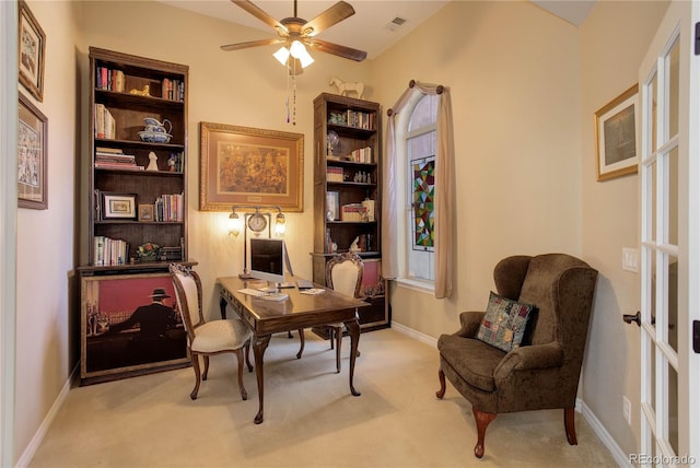 9546 Firenze Way, Highlands Ranch, CO 80126 - carpeted home office featuring a ceiling fan and baseboards