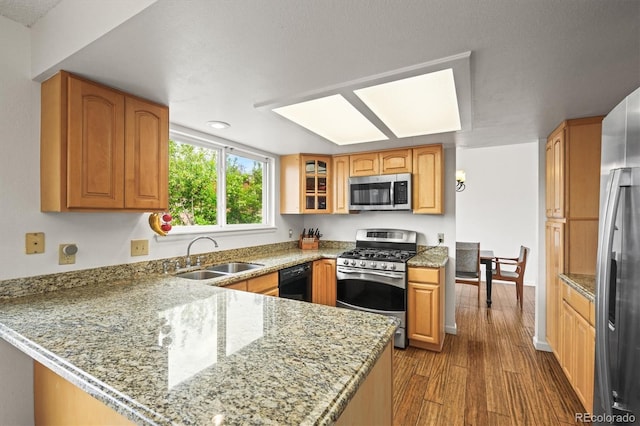kitchen with a peninsula, glass insert cabinets, dark wood-style floors, a sink, and appliances with stainless steel finishes