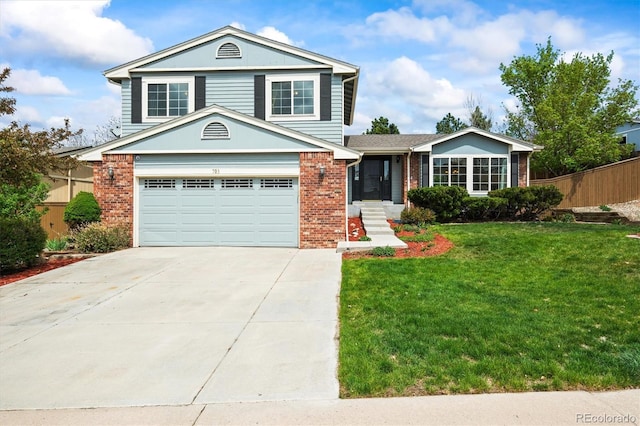 view of front of home featuring driveway, a garage, brick siding, fence, and a front lawn