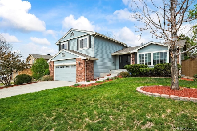 split level home with concrete driveway, brick siding, fence, and a front yard