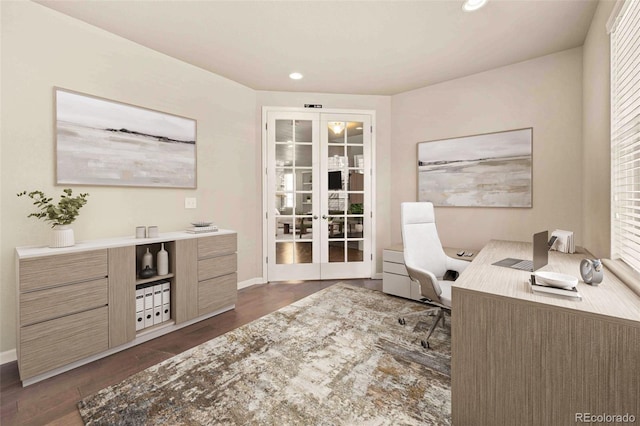 home office with recessed lighting, french doors, dark wood finished floors, and baseboards