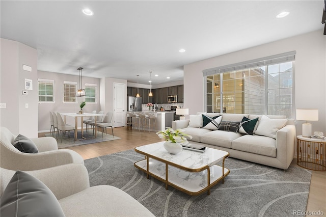 living area with wood finished floors and recessed lighting