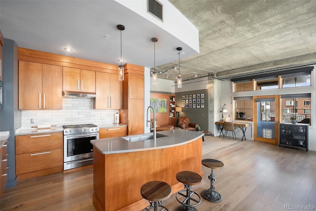 1925 W 32nd Ave Unit 404, Denver, CO 80211 - kitchen with stainless steel gas range oven, a sink, light wood-style flooring, backsplash, and light countertops