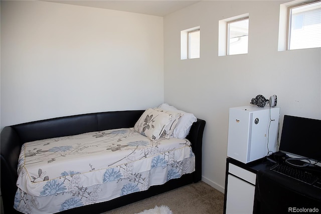 bedroom featuring light carpet and multiple windows