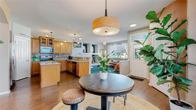 kitchen with tasteful backsplash, glass insert cabinets, appliances with stainless steel finishes, a peninsula, and dark wood-style floors