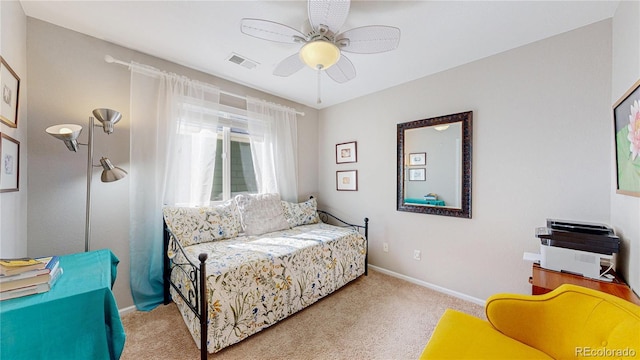 bedroom featuring visible vents, ceiling fan, baseboards, and carpet floors