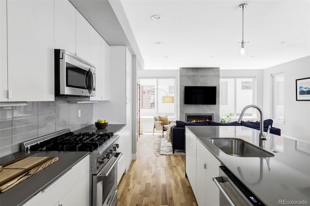 3156 W 20th Ave, Denver, CO 80211 - kitchen featuring stainless steel appliances, dark countertops, tasteful backsplash, a fireplace, and light wood-style floors