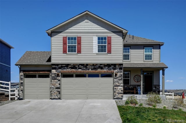 5837 High Timber Cir, Castle Rock, CO 80104 - craftsman inspired home with stone siding, roof with shingles, a garage, and concrete driveway