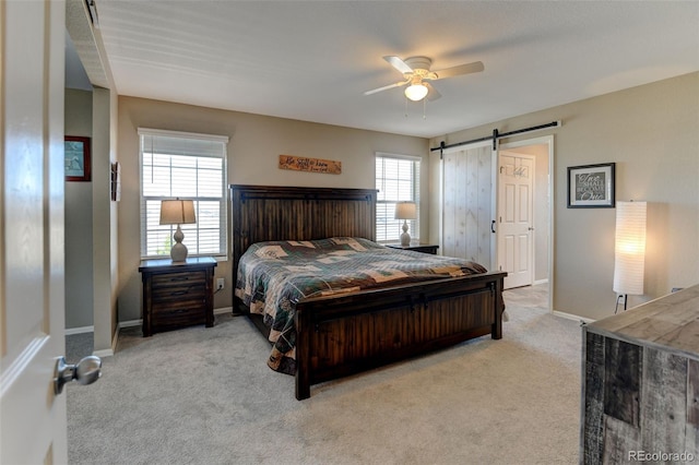 5837 High Timber Cir, Castle Rock, CO 80104 - carpeted bedroom featuring a barn door, a ceiling fan, and baseboards
