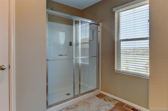 5837 High Timber Cir, Castle Rock, CO 80104 - full bath with baseboards, visible vents, a stall shower, and a wealth of natural light