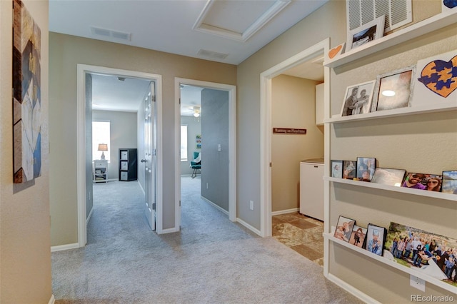 5837 High Timber Cir, Castle Rock, CO 80104 - corridor featuring attic access, baseboards, visible vents, and carpet flooring