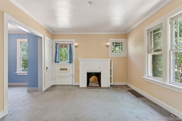 712 Locust St, Denver, CO 80220 - unfurnished living room with carpet floors, a fireplace, plenty of natural light, and crown molding