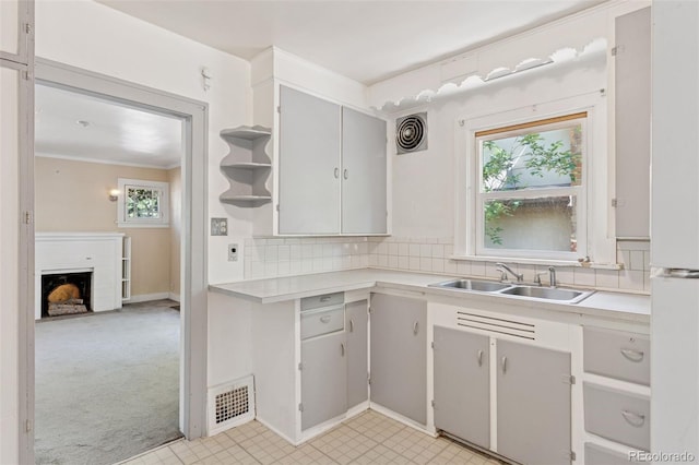 712 Locust St, Denver, CO 80220 - kitchen with light countertops, plenty of natural light, open shelves, crown molding, and tasteful backsplash