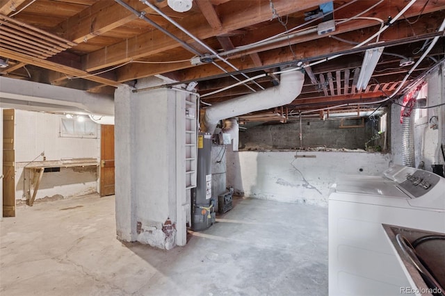 712 Locust St, Denver, CO 80220 - unfinished below grade area with independent washer and dryer and strapped water heater