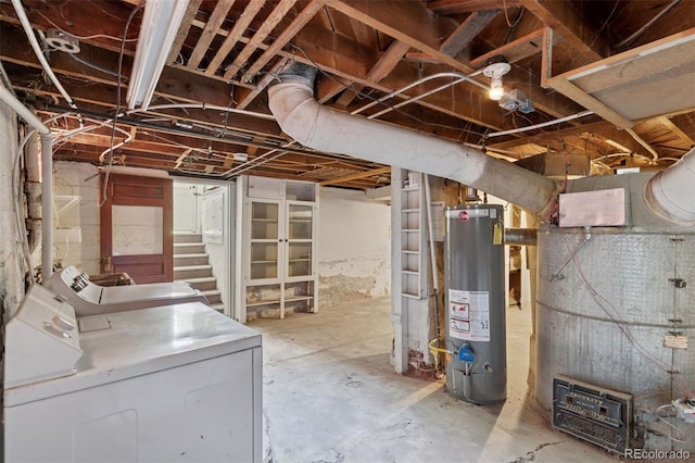 712 Locust St, Denver, CO 80220 - unfinished below grade area featuring water heater, washer and clothes dryer, and stairs