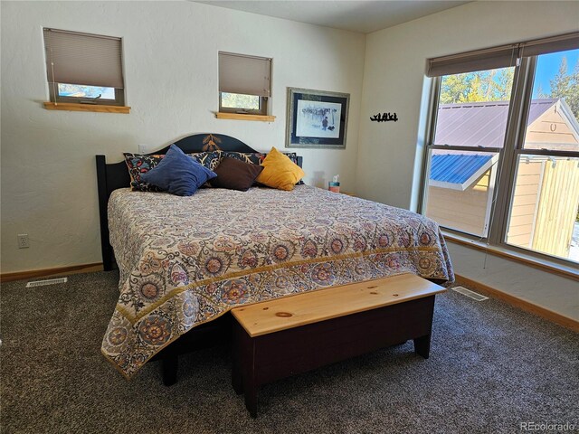 bedroom featuring carpet floors, visible vents, and baseboards