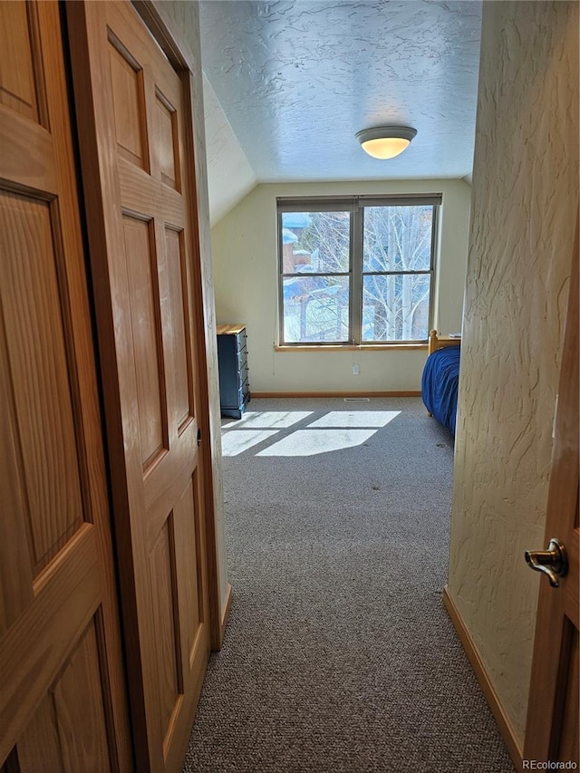 bonus room featuring a textured ceiling, carpet floors, lofted ceiling, and a textured wall