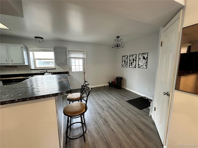 kitchen featuring baseboards, dark countertops, dishwashing machine, dark wood-style flooring, and a kitchen bar