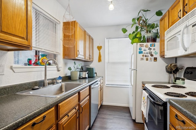 kitchen featuring plenty of natural light, sink, dark wood-type flooring, and white appliances