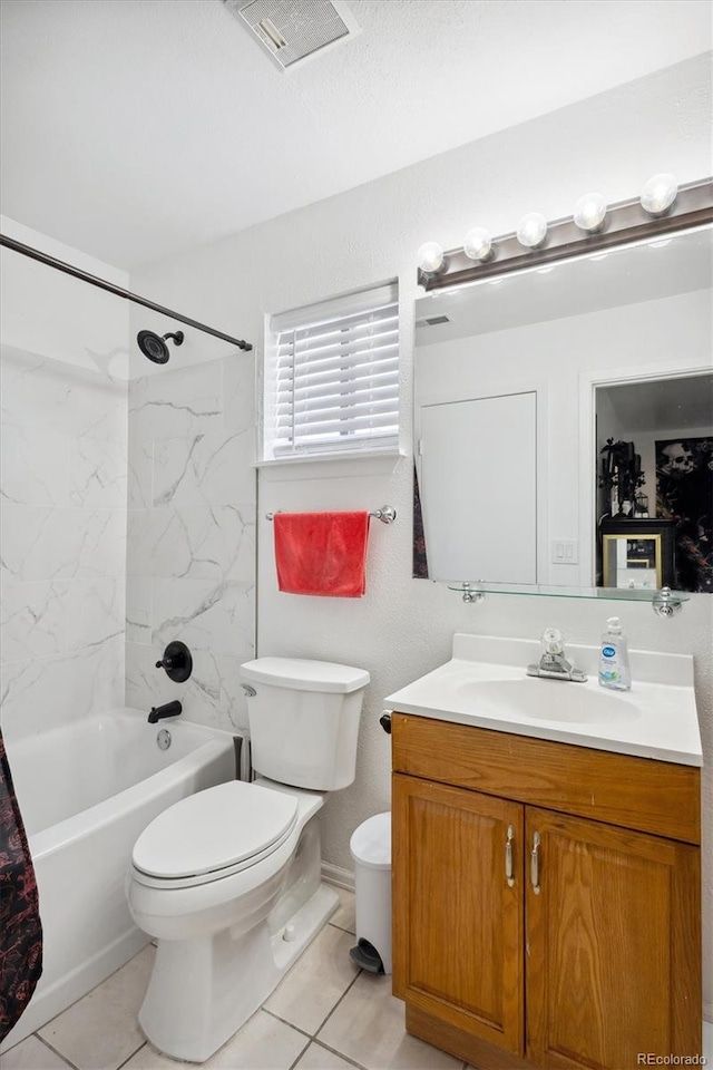 full bathroom with tile patterned floors, vanity, shower / bath combo, and toilet