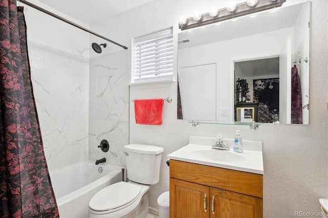 full bathroom featuring shower / bath combo with shower curtain, vanity, and toilet