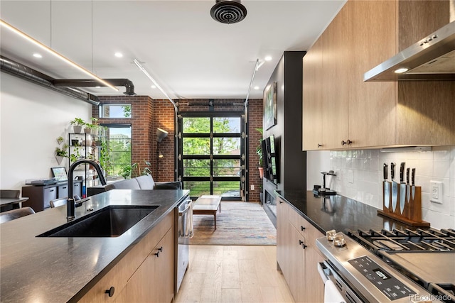1242 Yates St Unit U2, Denver, CO 80204 - kitchen with under cabinet range hood, brick wall, light wood-style flooring, stainless steel appliances, and light brown cabinetry