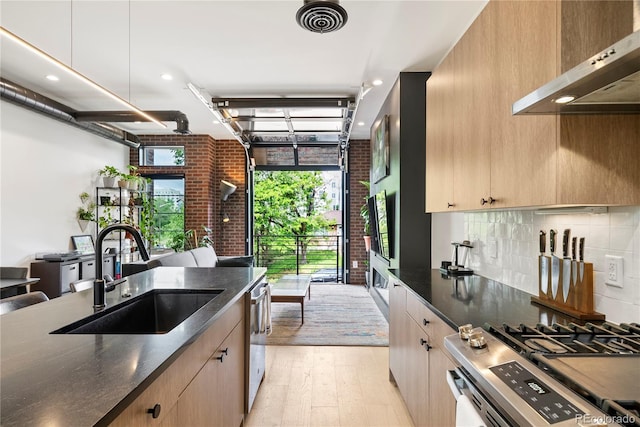 1242 Yates St Unit U2, Denver, CO 80204 - kitchen with under cabinet range hood, light wood finished floors, dark stone counters, decorative backsplash, and modern cabinets